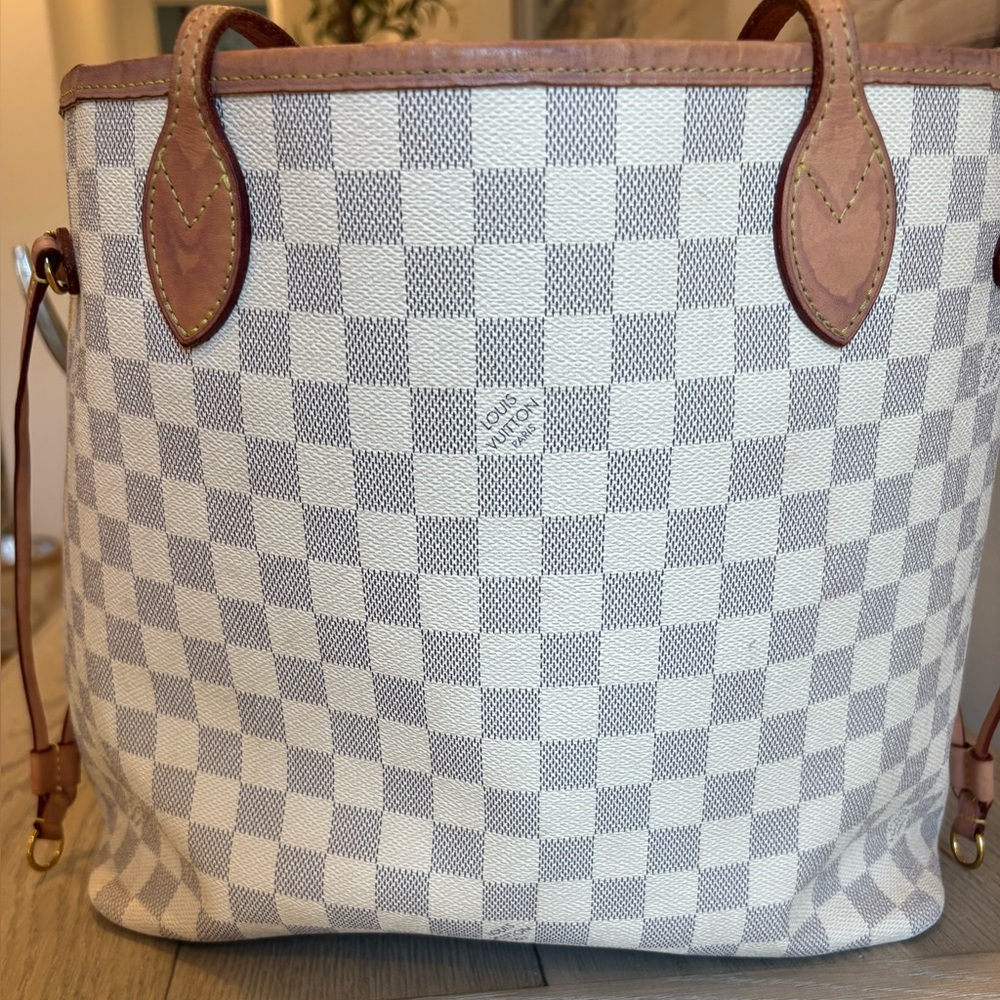 Authentic Louis Vuitton Neverfull PM Tote Bag Damier Azur Canvas Leather Pre-Own